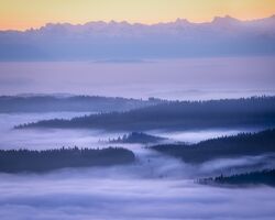 Sicht aus dem Schwarzwald in die Alpen mit nebligen Schwarzwaldtälern, Fotograf Nick Schmid